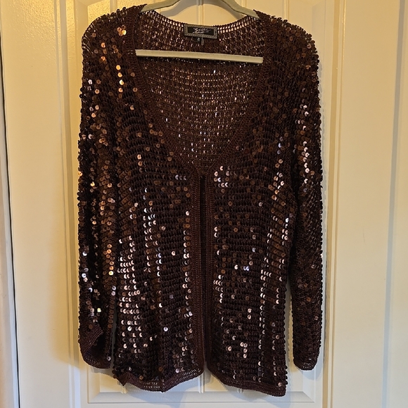 Chico's Brown Open Front Cardigan with Sequins - Picture 1 of 5